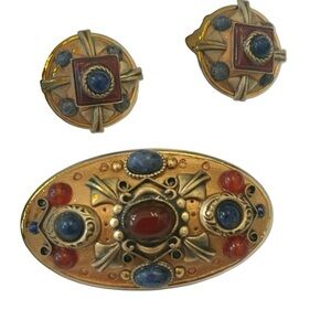 Vtg michael Golan set brooch/pendant & clip on earrings red/blue gems marked